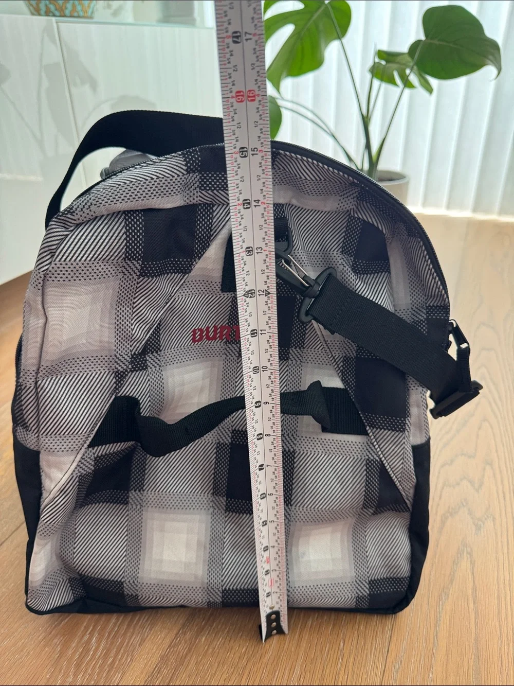 Burton Boothaus Gray & White Plaid Duffel Bag with Red Logo